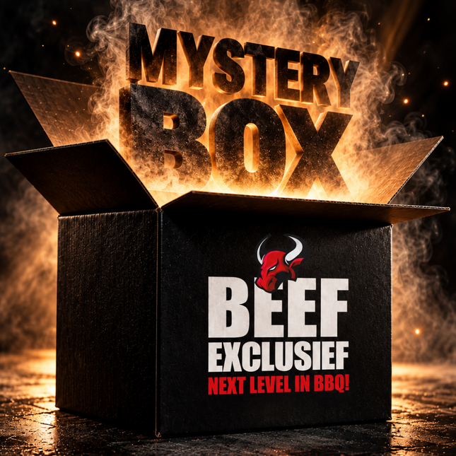 BeefXMysteryBox een zwarte box met het Beef Exclusief logo met daarin de letters mysterybox in aangelichte rook