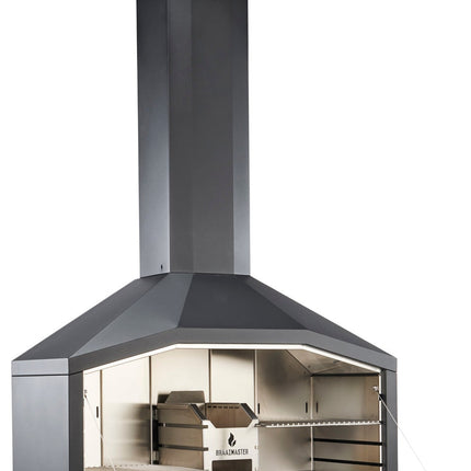 Braainmaster Duo Black exclusief onderstel met geopende klep en zicht op het RVS interieur