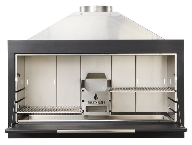 Braaimaster Duo Black Inbouw vooraanzicht met open klep en RVS interieur