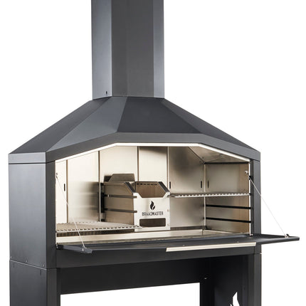 Braaimaster Duo Black met onderstel, schuin vooraanzicht met open klep en zicht op RVS interieur