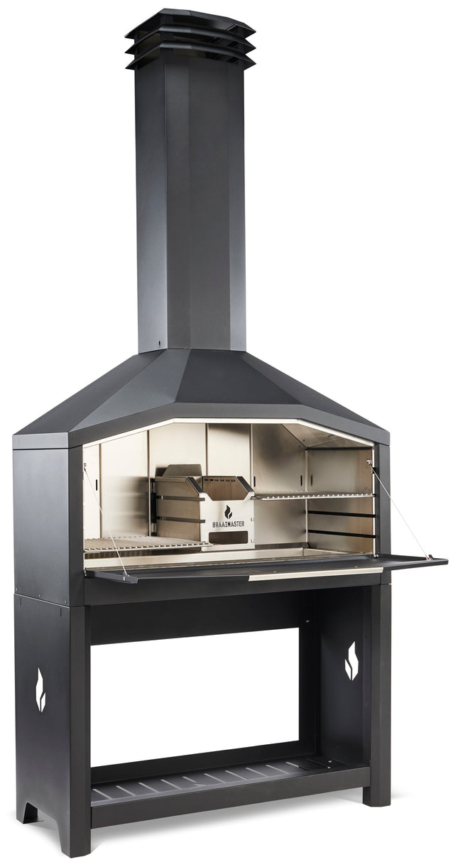 Braaimaster Duo Black met onderstel, schuin vooraanzicht met open klep en zicht op RVS interieur