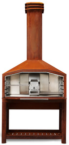 Braaimaster Duo Corten vooraanzicht met open klep en zicht op het RVS interieur