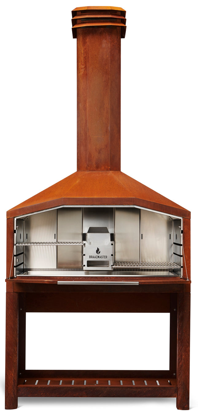 Braaimaster Duo Corten vooraanzicht met open klep en zicht op het RVS interieur