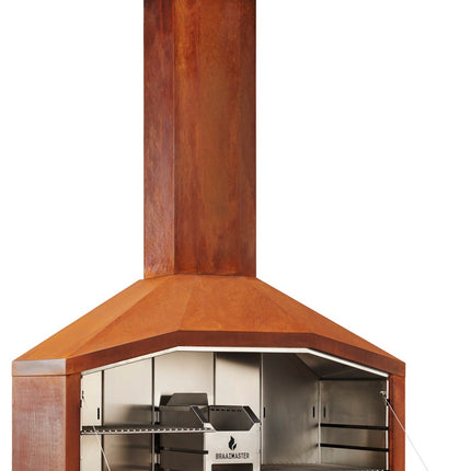 Braaimaster Duo corten zonder onderstel vooraanzicht met geopende klep en zicht op het RVS interieur