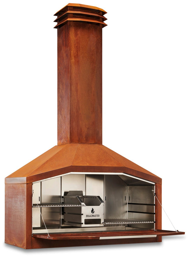 Braaimaster Duo corten zonder onderstel vooraanzicht met geopende klep en zicht op het RVS interieur
