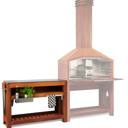 Braaimaster Duo Corten zijtafel schuin vooraanzicht met een silhouet van de duo corten braai