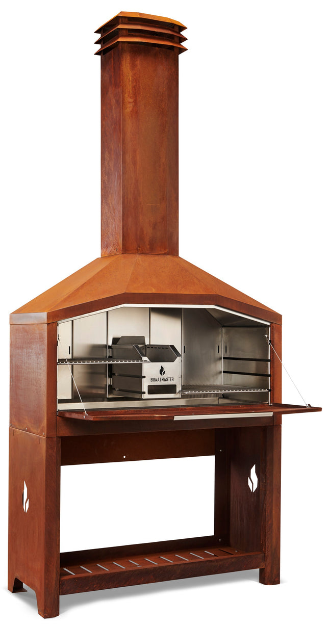 Braaimaster Duo Corten vrijstaand met onderstel schuin vooraanzicht met geopende klep