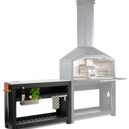 Braaimaster Sidetable duo black met daarnaast en transparante afbeelding van ee Duo Black braai 
