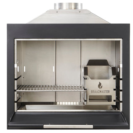 Braaimaster single black inbouw vooraanzicht met geopende klep en zicht op RVS binnenwerk