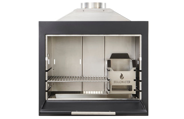 Braaimaster single black inbouw vooraanzicht met geopende klep en zicht op RVS binnenwerk