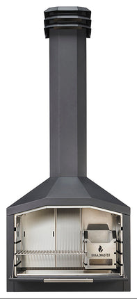 Braaimaster single black exclusief onderstel met geopende klep en zicht op het rvs binnenwerk
