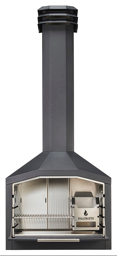 Braaimaster single black exclusief onderstel met geopende klep en zicht op het rvs binnenwerk