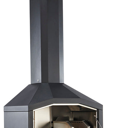 Braaimaster Single Black schuinvooraanzicht met geopende klep en zicht op het rvs interieur