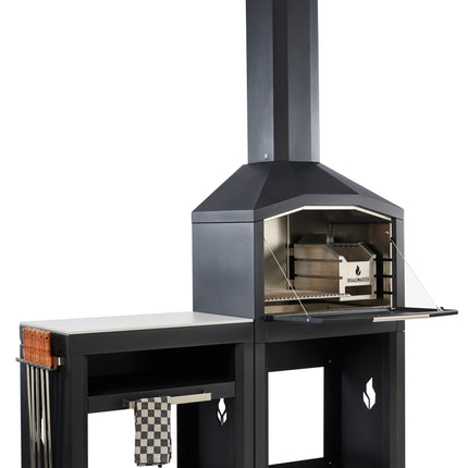 Braaimaster single black met zijtafel, geopende klep en rvs interieur