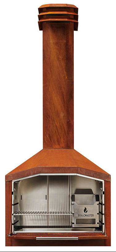 Braaimaster single corten exclusief onderstel vooraanzicht met open klep en zicht op het rvs interieur