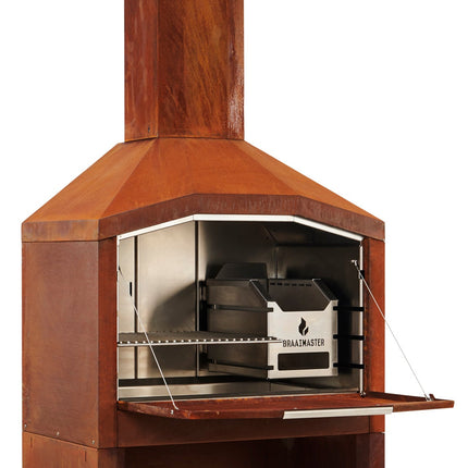Braaimaster single corten met onderstel, vooraanzicht met geopende klep, rvs interieur