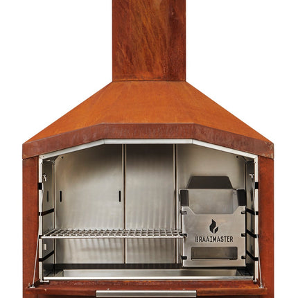 Braaimaster single corten kompleet met ondertel vooraanzicht met open klep en rvs interieur