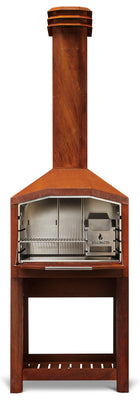 Braaimaster single corten kompleet met ondertel vooraanzicht met open klep en rvs interieur
