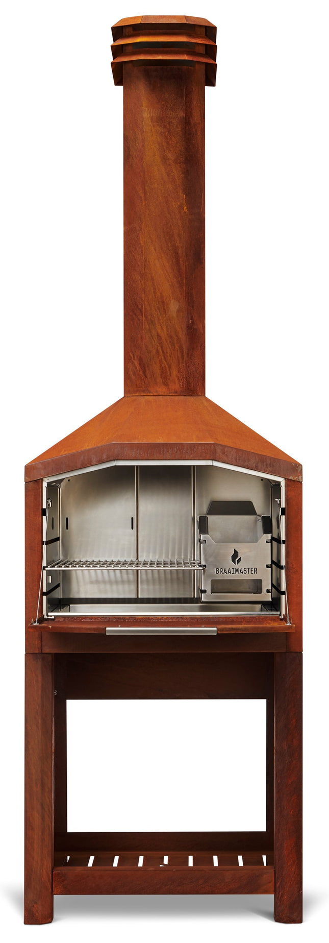 Braaimaster single corten kompleet met ondertel vooraanzicht met open klep en rvs interieur