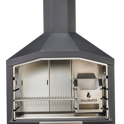 Braaimaster single black vooraanzicht met open klep en zicht op het rvs interieur