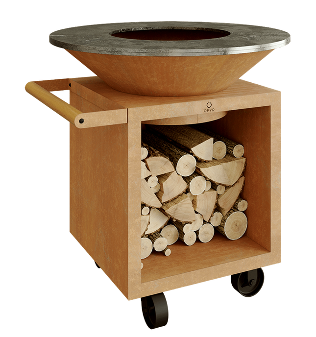 OFYR Heritage Classic Storage 100 PRO Corten vooraanzicht met hout in de storage ruimte
