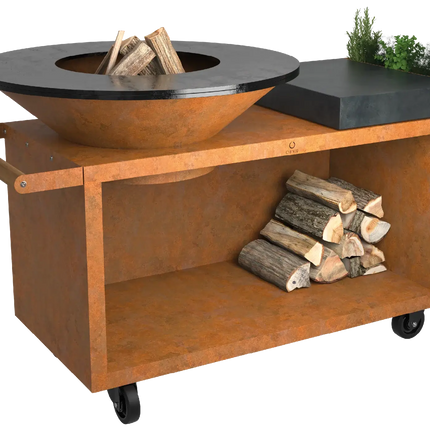 OFYR Heritage Island 100 PRo Corten vooraanzicht met hout in storage