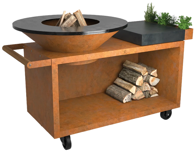 OFYR Heritage Island 100 PRo Corten vooraanzicht met hout in storage