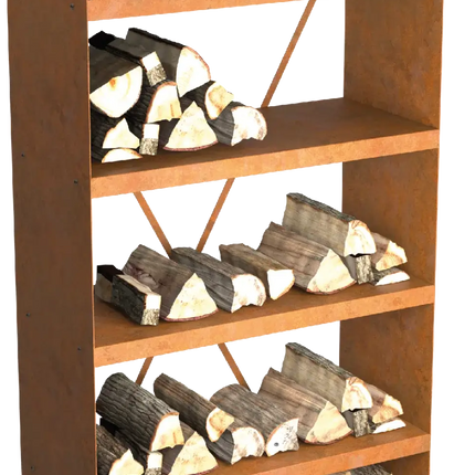 OFYR Heritage Wood Storage 100 Corten vooraanzicht, gevuld met hout