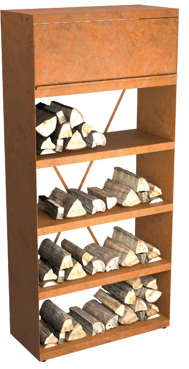 OFYR Heritage Wood Storage 100 Corten vooraanzicht, gevuld met hout