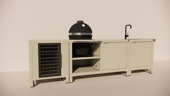 Roostr Buitenkeukens Rubix Single met koelkast, Duo met Kamado en Single spoelbak (Taupe)