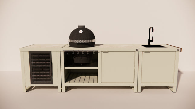 Roostr Buitenkeukens Rubix Single met koelkast, Duo met Kamado en Single spoelbak (Taupe)