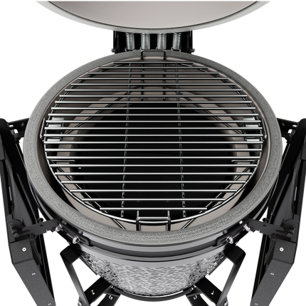 The Bastard kamado Core Large Gloss Graphite Complete bovenaanzicht met deksel open en zicht op het RVS rooster