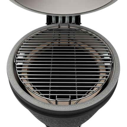 The Bastard kamado Core Large Solo Graphite bovenaanzicht met geopende deksel en zicht op het multi level cooking system