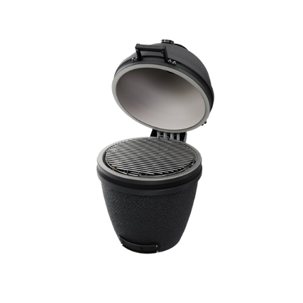 The Bastard kamado Core Large Solo Graphite linksvoor aanzicht met open deksel en zicht op het rvs rooster