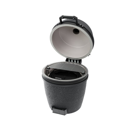 The Bastard kamado PRO Large Solo Graphite linksvooraanzicht met geopende deksel en zicht op het multilevel cookingsystem