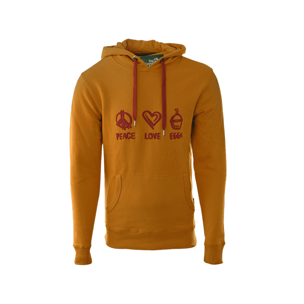 Big Green Egg Hoodie Peace, Love, Eggs L - Okergeel