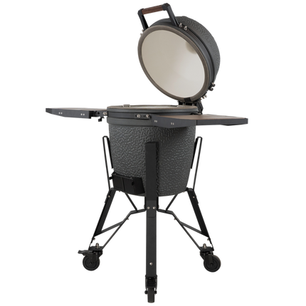 The Bastard kamado - VX Medium Complete linksvooraanzicht met open deksel en uitgeklapte zijtafels