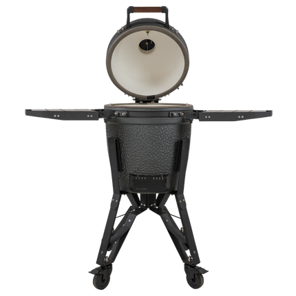 The Bastard kamado - VX Medium Complete vooraanzicht met geopende deksel en uitgeklapte zijtafels